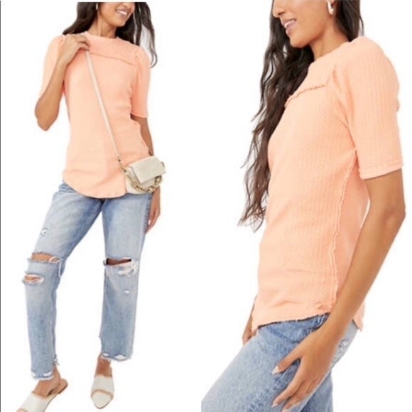 NWT - FREE PEOPLE Care Red Delicious T-Shirt Top in Sunset Peach Orange‎ Size XS - Picture 1 of 10